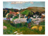 Peasants, Pigs, and a Village Under a Clear Sky, Landscape in Brittany, France, 1888 Giclée-Druck von Paul Gauguin