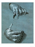 Hands, Two Studies, Chalk Drawing on Blue Paper Reproduction procédé giclée par Albrecht Dürer