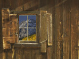 Reflection of Mountain and Forest in Window of Old Cabin, Uncompahgre National Forest, Colorado Kunstdrucke von Jeff Vanuga