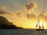Sailing Yacht at Sunset off Coast of Hanalai Bay, Kauai, Hawaii, USA Posters by Rolf Nussbaumer