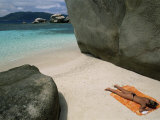 Woman Sunbathing on Beach Beween Rocks, Coco Island, Praslin, Seychelles, Indian Ocean, Africa Photographic Print by Bruno Barbier