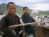 Young Boys on Horseback Herding Sheep, Mongolia, Central Asia Photographic Print by Bruno Morandi