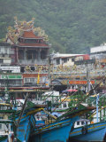 Temple, Boats in Harbour Port, Nanfang Ao, Suao, Ilan County, Taiwan Photographic Print by Christian Kober