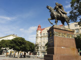 Equestrian Statue, Old Town Buildings, Unesco World Heritage Site, Lviv, Ukraine Photographic Print by Christian Kober