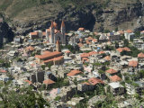 St. Saba Church and Red Tile Roofed Town, Bcharre, Qadisha Valley, North Lebanon Photographic Print by Christian Kober