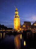Floodlit Tower at Twilight Reflected in the Canal, Oudeschams, Amsterdam, the Netherlands (Holland) Photographic Print by Richard Nebesky