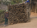 Wan Sai Village (Aku Tribe), Aku Child Standing by Stack of Firewood, Shan State, Myanmar (Burma) Photographic Print by Jane Sweeney
