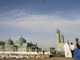 Lady in Burqa Feeding Famous White Pigeons at Shrine of Hazrat Ali, Mazar-I-Sharif, Afghanistan Photographic Print by Jane Sweeney