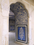 Stylized Foral Motif, Chalk Blue and White Painted Mahal, the City Palace, Jaipur, India Photographic Print by John Henry Claude Wilson
