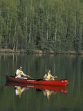 Man and Woman Canoeing in Mirror Lake, Chugach Mountains, Anchorage, Alaska, USA Photographic Print by Alison Wright