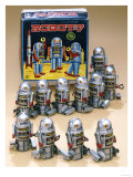Robot 7. 11 Small Silver, Tin Litho., Wind-Up Walking Robots with Original Box Giclee Print