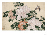 Peonías rosas y rojas a la izquierda en la brisa y una mariposa Lámina giclée por Chokosai Eisho Peonías rosas y rojas a la izquierda en la brisa y una mariposa Lámina giclée por Chokosai Eisho