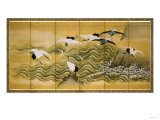 Cranes and Wave, Ink, Colour and Gold on Silk Giclee Print by Tani Bunchu