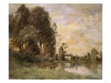 Cattle Watering by a Lake with a Chateau Beyond Giclee Print by Leon Bakst