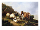 A Pony and Sheep on a Cliff with a Sailing Vessel Beyond, 1868 Giclee-trykk av Alfred Thompson Bricher A Pony and Sheep on a Cliff with a Sailing Vessel Beyond, 1868 Giclee-trykk av Alfred Thompson Bricher