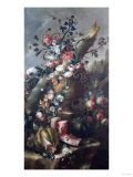 Flowers in Sculpted Urn, with Melons and Parrot Giclee-trykk av Giovanni Battista Benvenuti