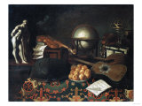 Musical Instruments with a Globe and Statue on a Table Covered with a Rug Giclee-trykk av Giovanni Battista Benvenuti