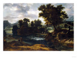 A Wooded River Landscape with a Footbridge Giclee-trykk av Herri Met De Bles