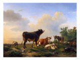 A Bull, a Cow, a Donkey, a Goat, a Dog, Sheep and Poultry in an Extensive Landscape, 1849 Lámina giclée por Joseph Bail