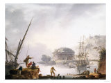 Fishermen with a Sailing Vessel Moored in a Capriccio Mediterranean Harbour, 1754 reproduction procédé giclée par Cristofano Allori