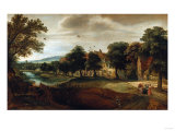 A Wooded River Landscape, with Village Buildings and Abraham and the Three Angels Giclee Print by Joseph Bail