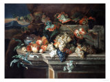 A Still Life with Grapes and Peaches on a Stone Ledge in a Landscape Giclee-trykk av Arnold Boonen