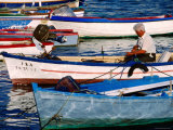 Fishermen Mending Nets in Boats on Costa del Azahar, Peniscola, Valencia, Spain Photographic Print by David Tomlinson