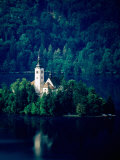 Church of the Assumption on Blejski Otok with Bled Castle, Bled, Gorenjska, Slovenia Photographic Print by Richard I'Anson