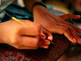 Detail of Girl's Hands Carving Lacquerware, Bagan, Mandalay, Myanmar Photographic Print by Anthony Plummer
