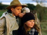 Young Farm Boy and Girl Leaning Against a Fence Post, Hamilton, Victoria, Australia Photographic Print by Daniel Boag