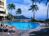 Waikiki Hotel Pool with Diamond Head in Background, Oahu, Hawaii Photographic Print by Lee Foster