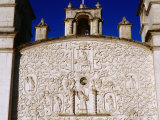 Upper Front Facade with Stucco Relief Saints of Village Church, Yanque, Arequipa, Peru Fotografie-Druck von Jeffrey Becom
