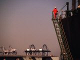 Crew Member Entering Cargo Ship on Ladder, Los Angeles, California Photographic Print by Thomas Winz