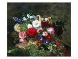 Basket of Roses, Dahlias and Morning Glory with Honeysuckle Giclee Print by Johan Laurentz Jensen