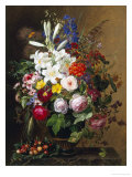 Lilies, Pelargonium and Roses in a Greek Vase Reproduction procédé giclée par Johan Laurentz Jensen