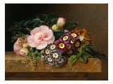 Bouquet of Pink Camellias and Primula on Marble Ledge Giclee Print by Johan Laurentz Jensen