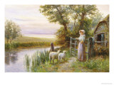 Awaiting the Return of the Sheep in the Sunset Reproduction procédé giclée par Ernest Walbourn
