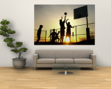 Students Play a Basketball Game as the Sun Sets at Bucks County Community College Reproduction murale géante