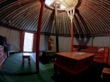 Yurt and Traditional Furniture, Golden Eagle Festival, Mongolia Photographic Print by Amos Nachoum