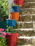 Staircase with Flower Planters, Fiskardo, Kefalonia, Ionian Islands, Greece Photographic Print by Walter Bibikow