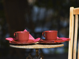 Table with Coffee and Teak Deck Garden Chair, Clos Des Iles, Le Brusc, Var, Cote d'Azur, France Photographie par Per Karlsson