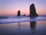Moonset Between the Needles Rocks in Early Morning Light, Cannon Beach, Oregon, USA Photographic Print by Steve Terrill