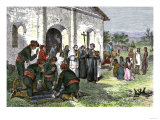 California Mission with Padres, Spanish Soldiers, and Native Americans Lámina giclée