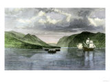 Henry Hudson's Ship, Half Moon, Meets Native Americans in the Hudson River Highlands, c.1609 Giclee Print