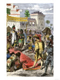 Meeting of Hernando Cortes and Aztec Emperor Montezuma II in Tenochtitlan, c.1519 Reproduction procédé giclée