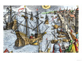 Ships in Busy Lisbon Harbor, c.1600 Giclee Print
