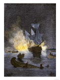 Native Americans Burning a Schooner in the Detroit River at Night during Pontiac's War, c.1763-1764 Giclee Print