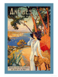 Antibes, Lady in White with Parasol and Dog Poster by David Dellepiane