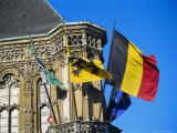 Flags of Belgium on the Right, Flanders in the Center on the Town Hall of Ghent, Flanders, Belgium Photographic Print by Richard Ashworth