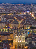 Cityscape, River Saone and Cathedral St. Jean at Night, Lyons (Lyon), Rhone, France, Europe Photographie par Charles Bowman